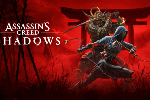 Official Assassin’s Creed Shadows artwork featuring Naoe and Yasuke against a red background with a torii gate