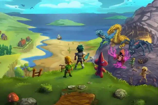 Necesse artwork showing adventurers facing monsters near a cave, with a village, coastline, and ship in the background