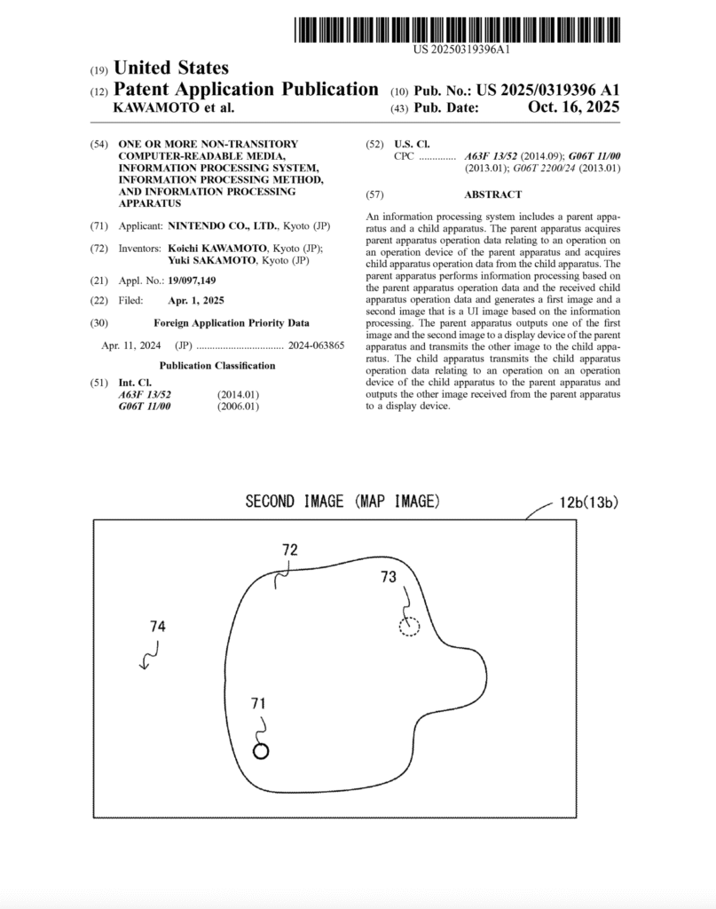 Official Nintendo patent abstract outlining the dual-screen emulation system, with a map image showing how players might interact between parent and child displays