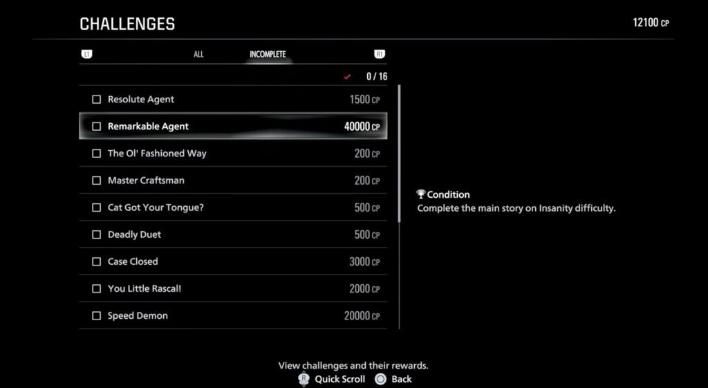 Challenges menu in Resident Evil Requiem